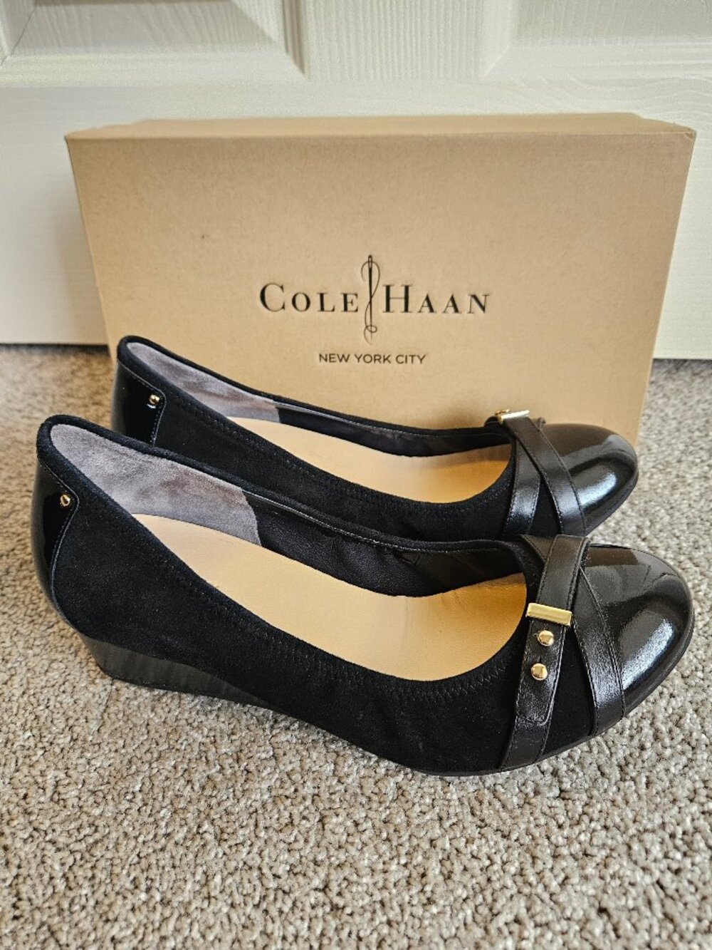 Cole Haan Nike Air Monica Black Suede Patent Wedge Pumps 8